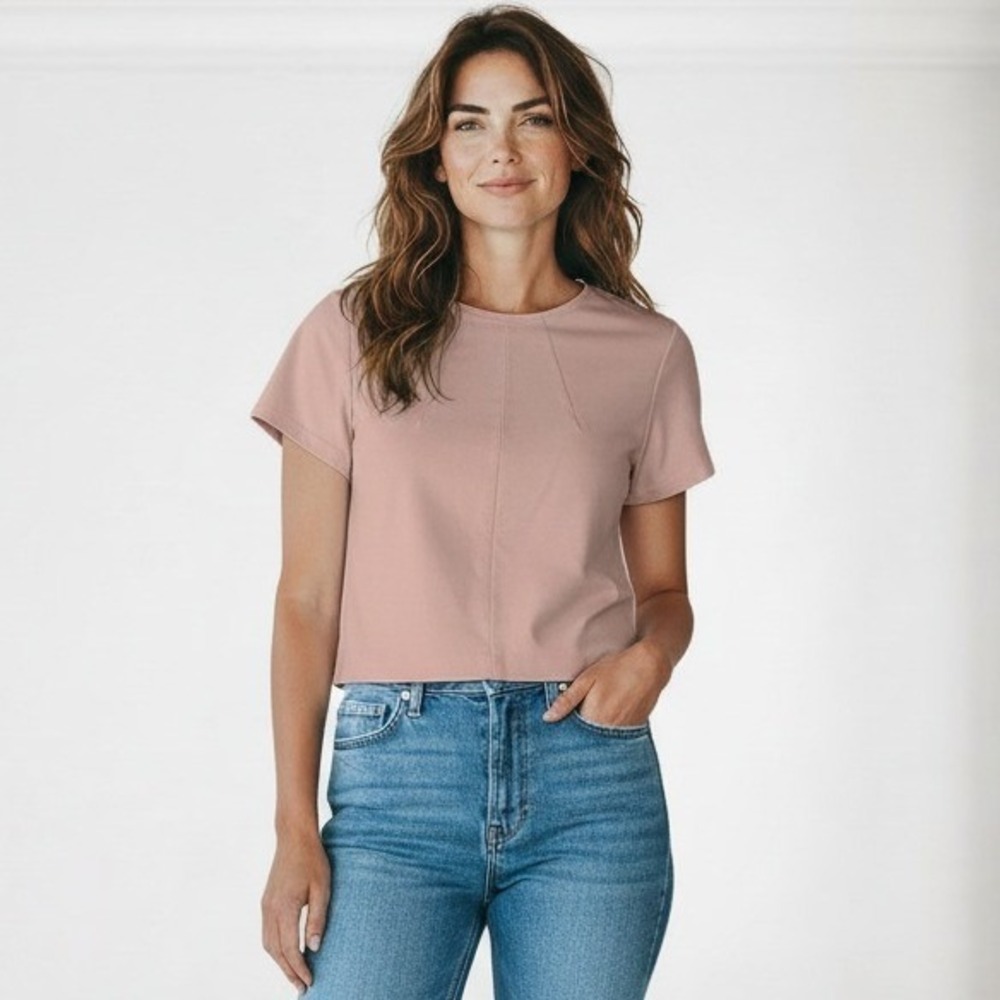 Spanx AirEssentials Short Sleeve Top Pink Crew Neck Blouse Large